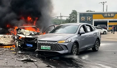 BYD Qin L PHEV Buktikan Keamanan Baterai saat Mazda 3 Terbakar