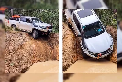 Toyota Hilux Muat Trailer Camper Menuruni Dinding Lumpur Hampir Vertikal